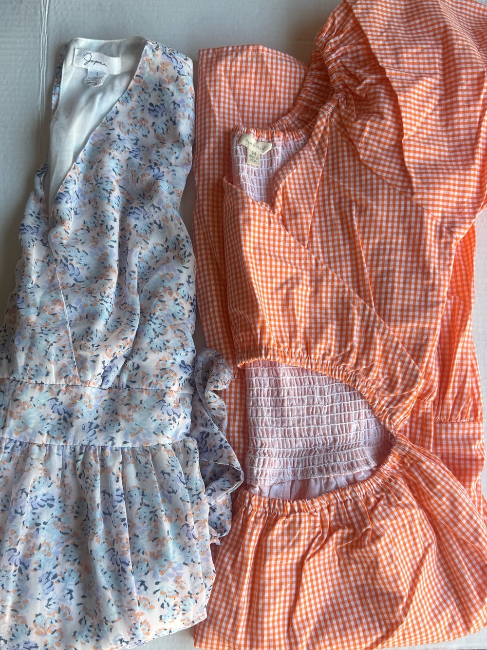 Two Summer Dresses - Floral Blue & Orange Gingham